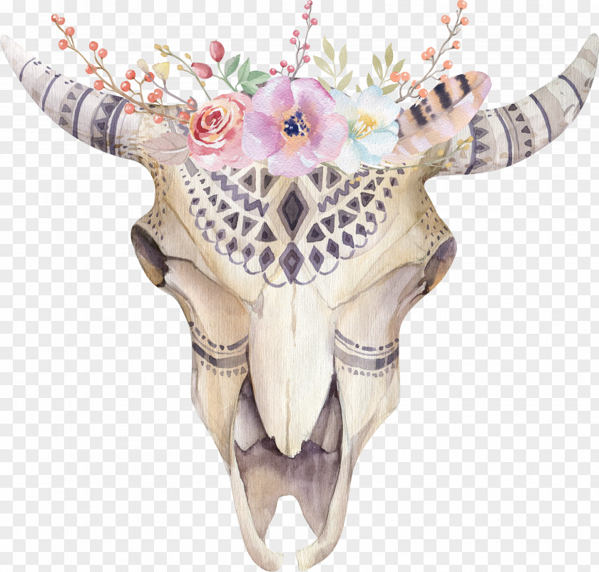 Design Boho-chic Watercolor Painting Flower Skull PNG