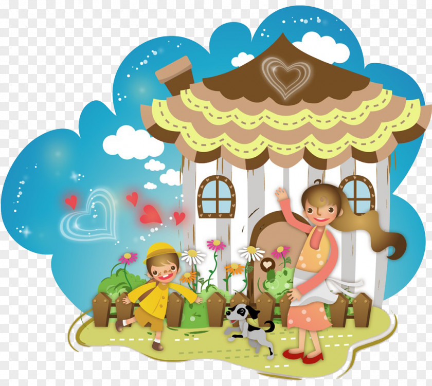 Cartoon Mother And Child In The Yard Family Illustration PNG
