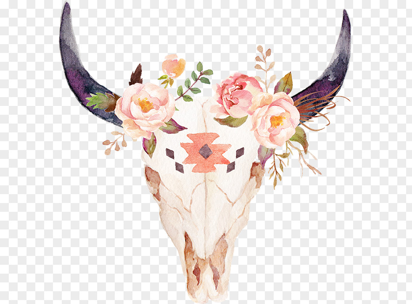 Longhorn Cattle Watercolor Painting Bull Skull Flower PNG