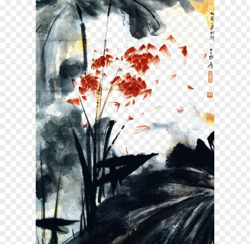 Ink Lotus Pond Oil Painting Reproduction Neijiang Chinese Art PNG