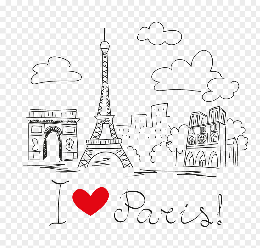 Paris's Famous Hand-painted Building Vector Material Photos Download Eiffel Tower Architecture Drawing PNG