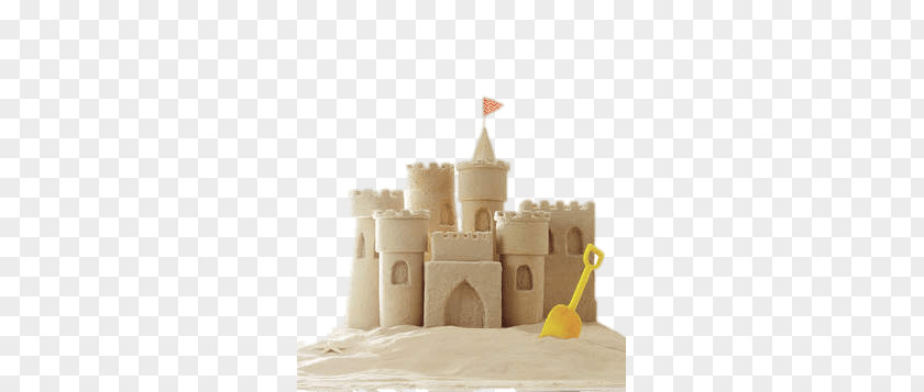 Sand Castle Yellow Spade PNG Spade, orange flag on top of brown sand castle beside yellow plastic shovel clipart PNG