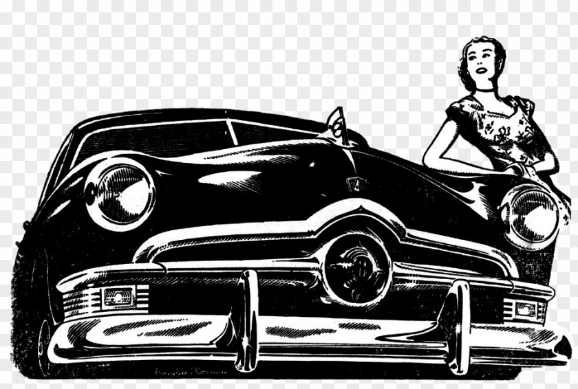 Vintage Ford Illustration PNG Illustration, woman standing beside car clipart PNG