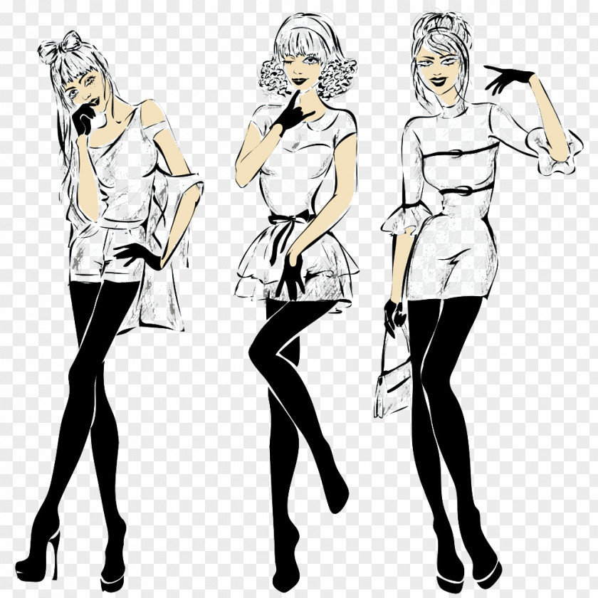 Three Beautiful Women Model Fashion Illustration PNG