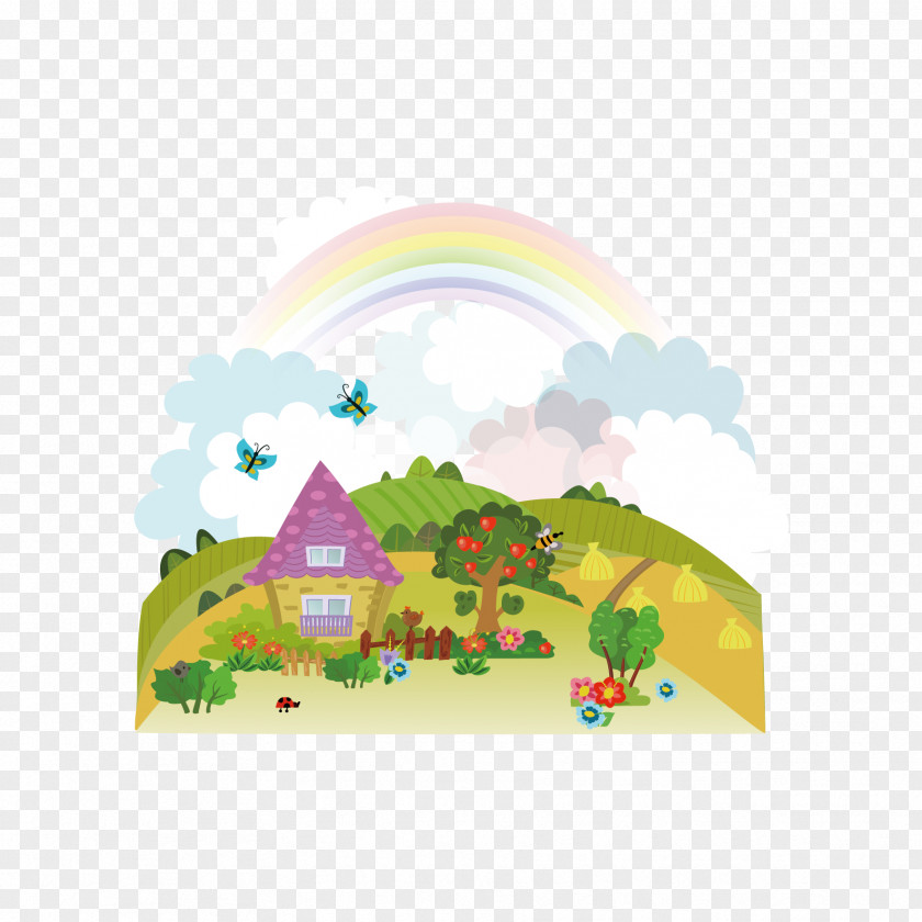 Vector Building Mountain And Rainbow Landscape Royalty-free Illustration PNG