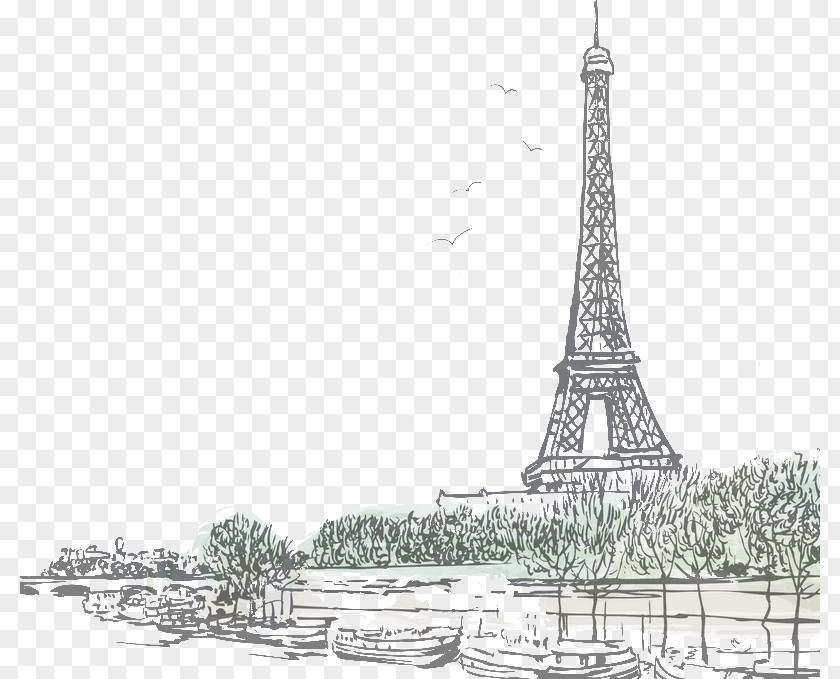 Eiffel Tower Seine Drawing Painting PNG