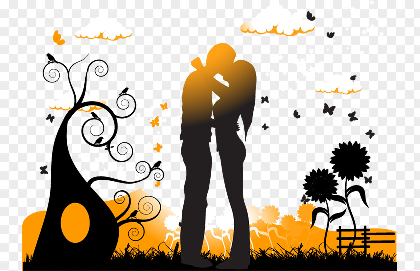 Kiss Vector Sunlit Silhouette Couple Illustration PNG