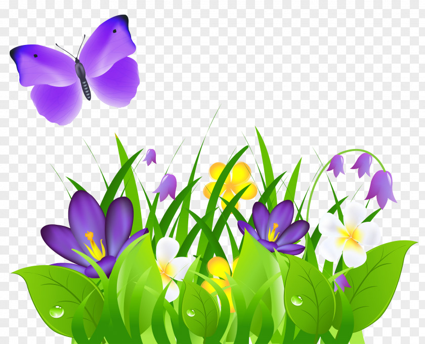 Purple Flowers Grass And Butterfly Clipart Picture Flower Clip Art PNG