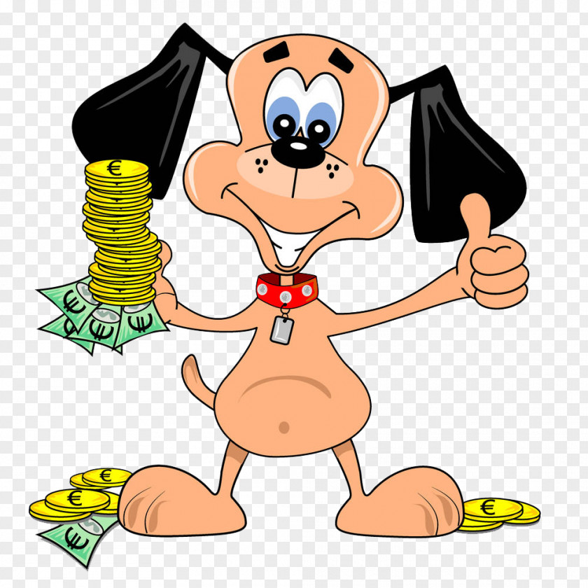 A Puppy With Gold Thumb Dog Money Cartoon Illustration PNG