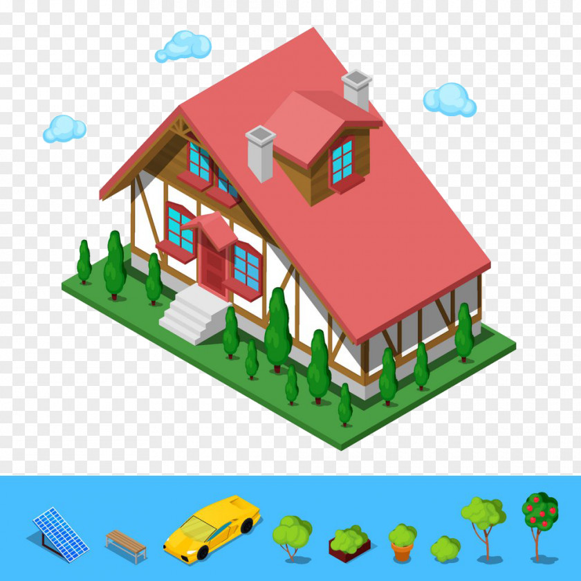 Red House Building Architecture Isometric Projection Illustration PNG