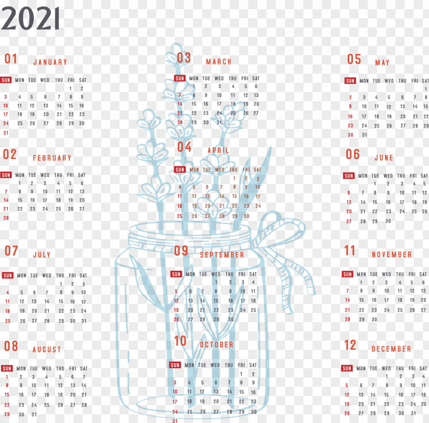 Year 2021 Calendar Printable Yearly Full PNG