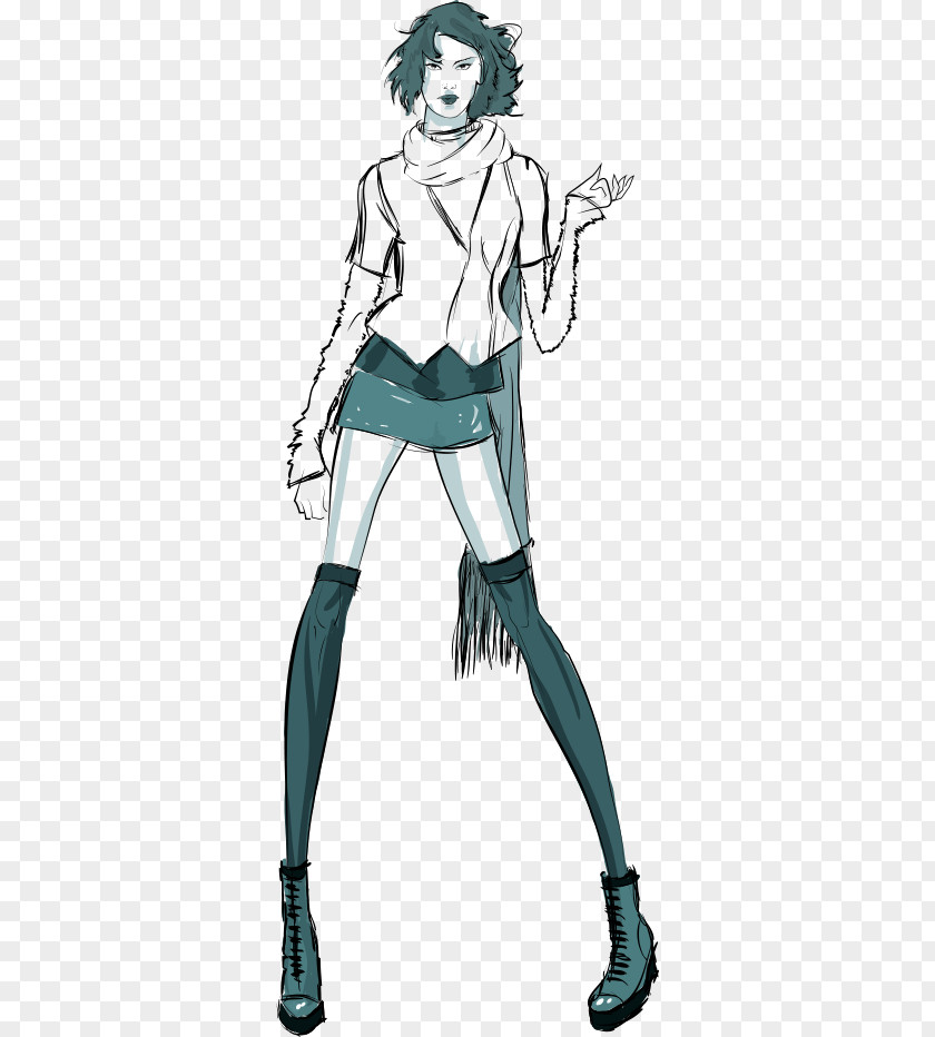 Vector Green Skirt Woman Black And White Sketch PNG