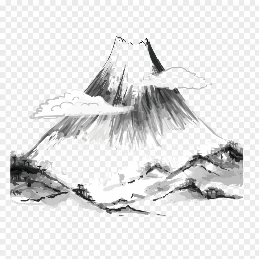 Wash Mountain Japanese Art Ink Painting PNG