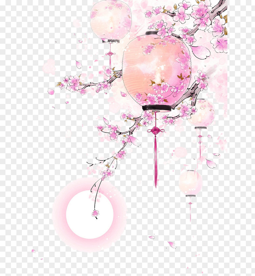 Pink Dream Lantern Peach Border Texture Watercolor Painting Chinese Art Drawing PNG