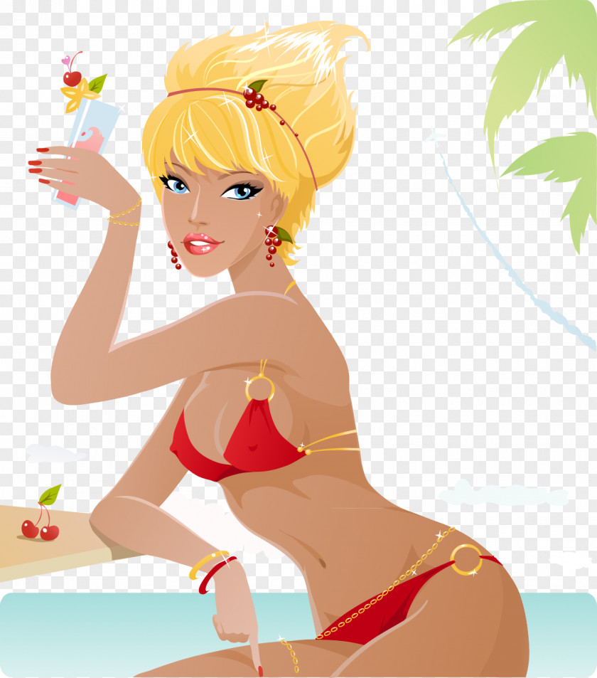 Pin-up Girl Woman Illustration PNG girl Illustration, Charming woman, yellow haired woman wearing red bikini and holding glass of drink illustration clipart PNG