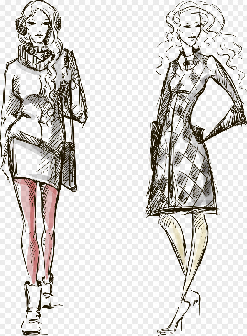 Hand-painted Winter Fashion Women Illustration Drawing PNG