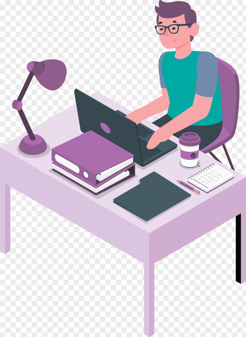 Sitting Desk Cartoon Angle Purple PNG
