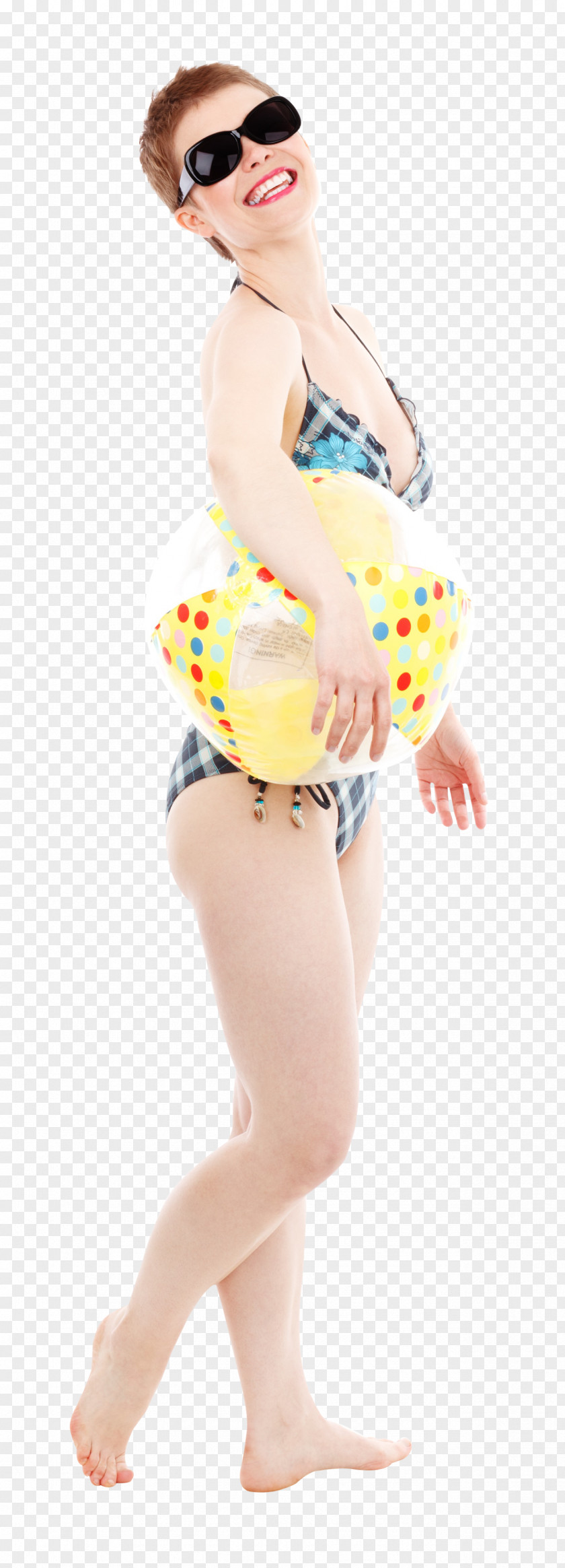 Bikini Polka Dot Beach Ball PNG dot ball, Happy Sexy Woman with Ball, woman standing wearing bikini while holding ball and smiling clipart PNG