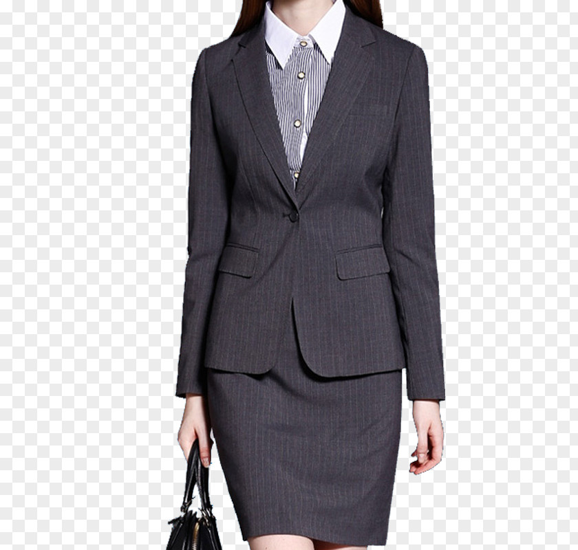 Gray Striped Female Suit Skirt Blazer Woman PNG