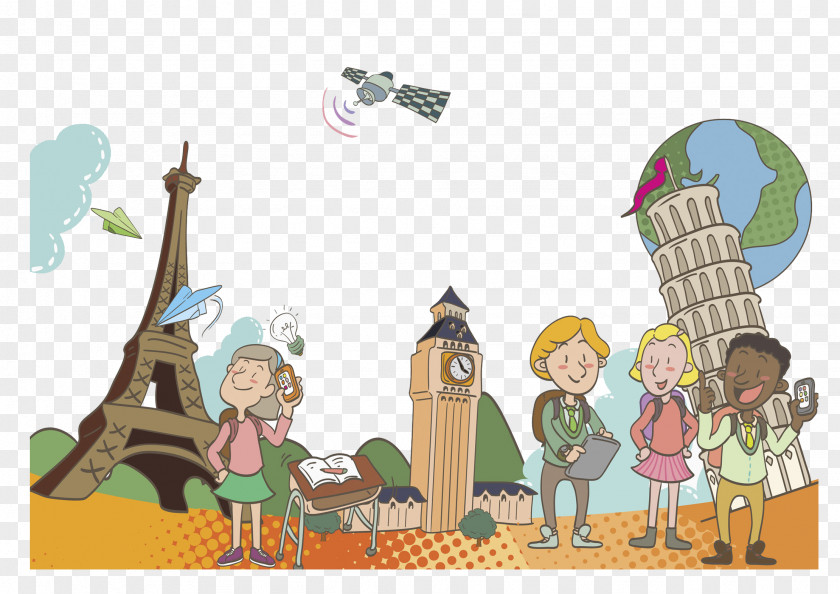 Traveling Children Drawing Cartoon Boekentoren Illustration PNG