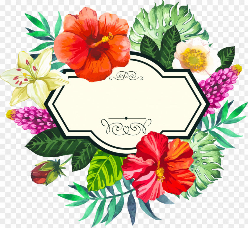 Hand Painted Watercolor Tropical Borders Flower Picture Frame Clip Art PNG