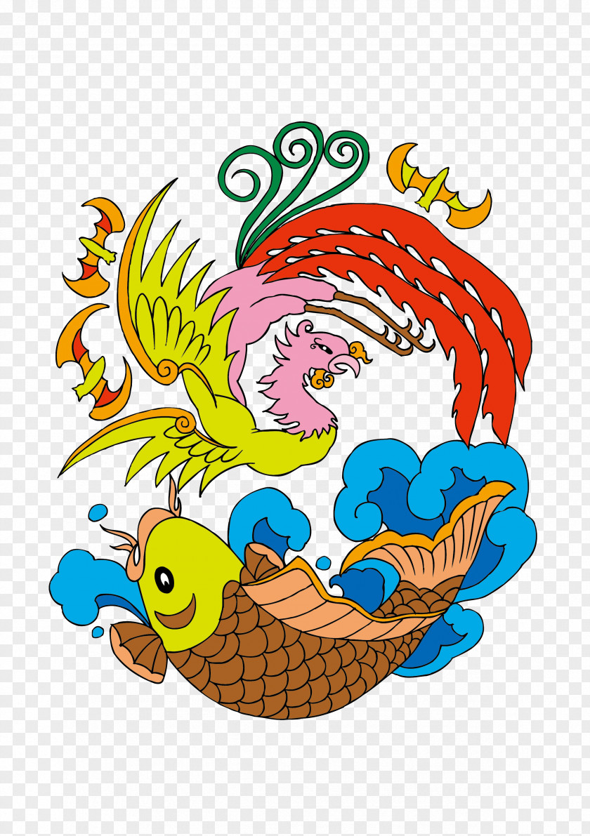 Fish And Phoenix China U5409u7965u56feu6848 Clip Art PNG