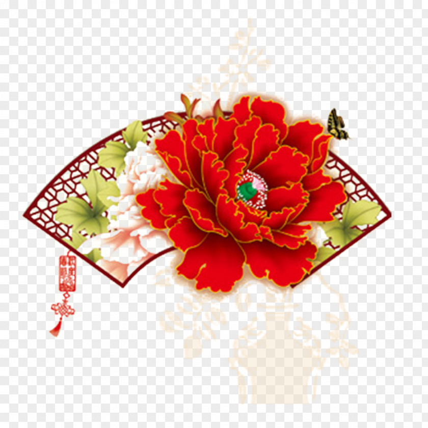 Red Peony Flowers Greeting Card Lunar New Year Chinese PNG