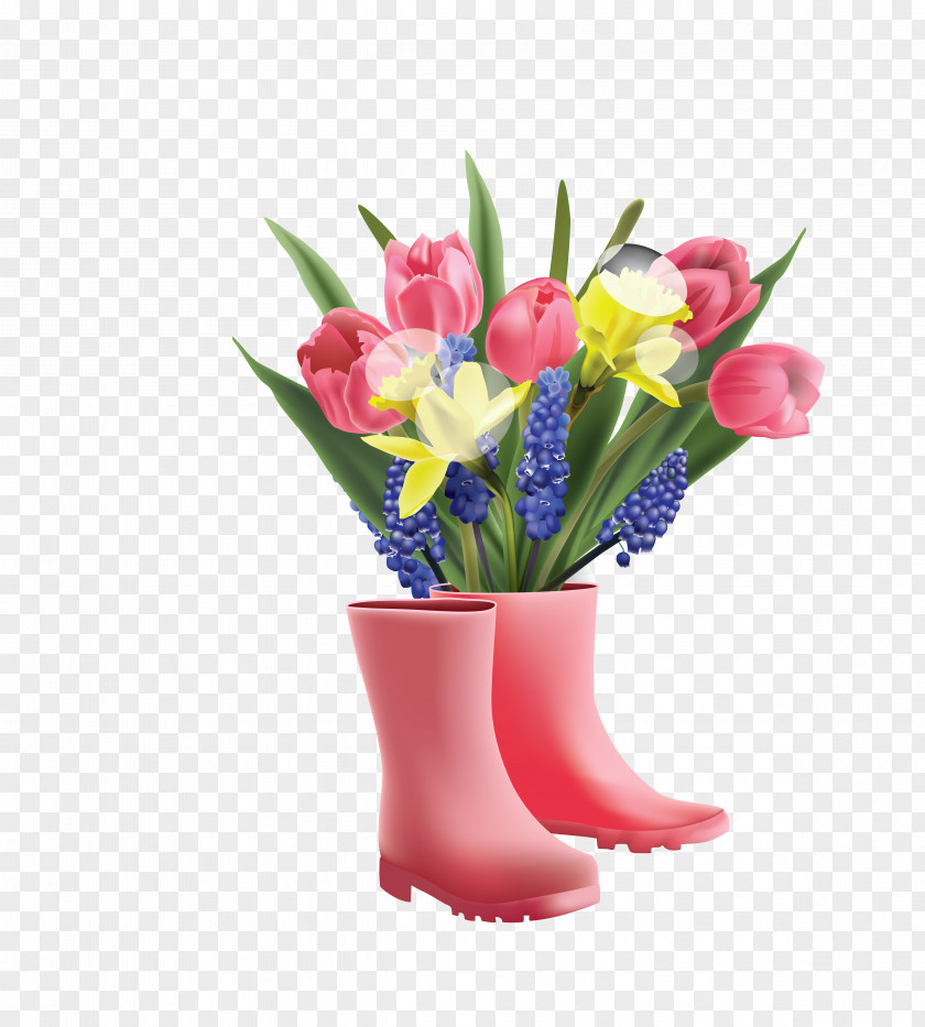 Vector Color Creative Rain Boots Long Flower Lily Bouquet Clip Art PNG
