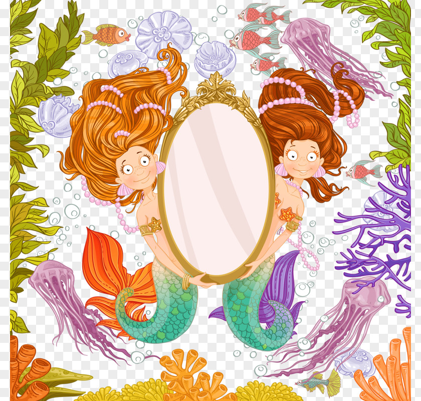 Mermaid Holding A Mirror Cartoon Photography Illustration PNG