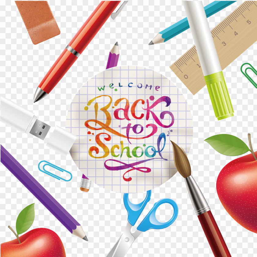Various School Supplies Vector Drawing Poster PNG