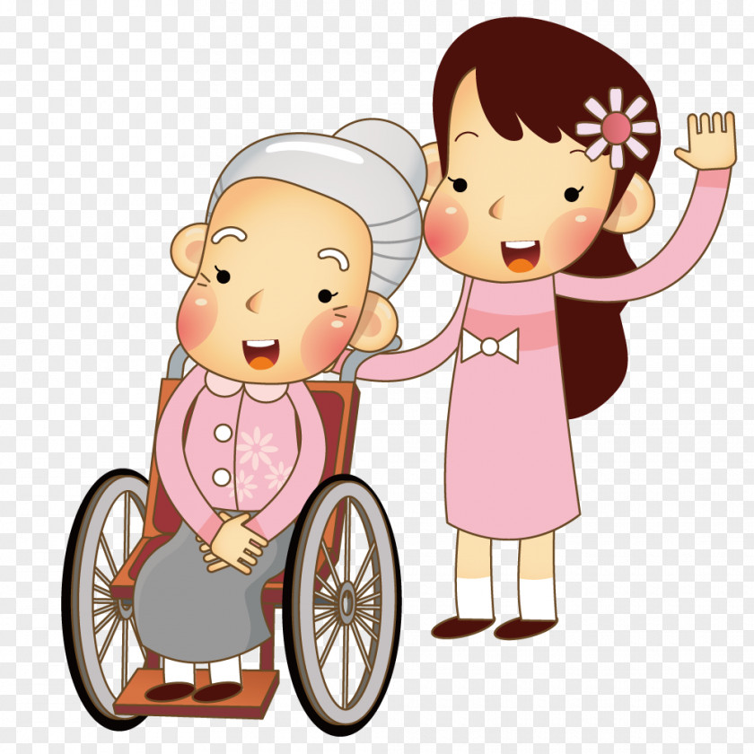 Care Of Her Grandmother In A Wheelchair Cartoon Illustration PNG