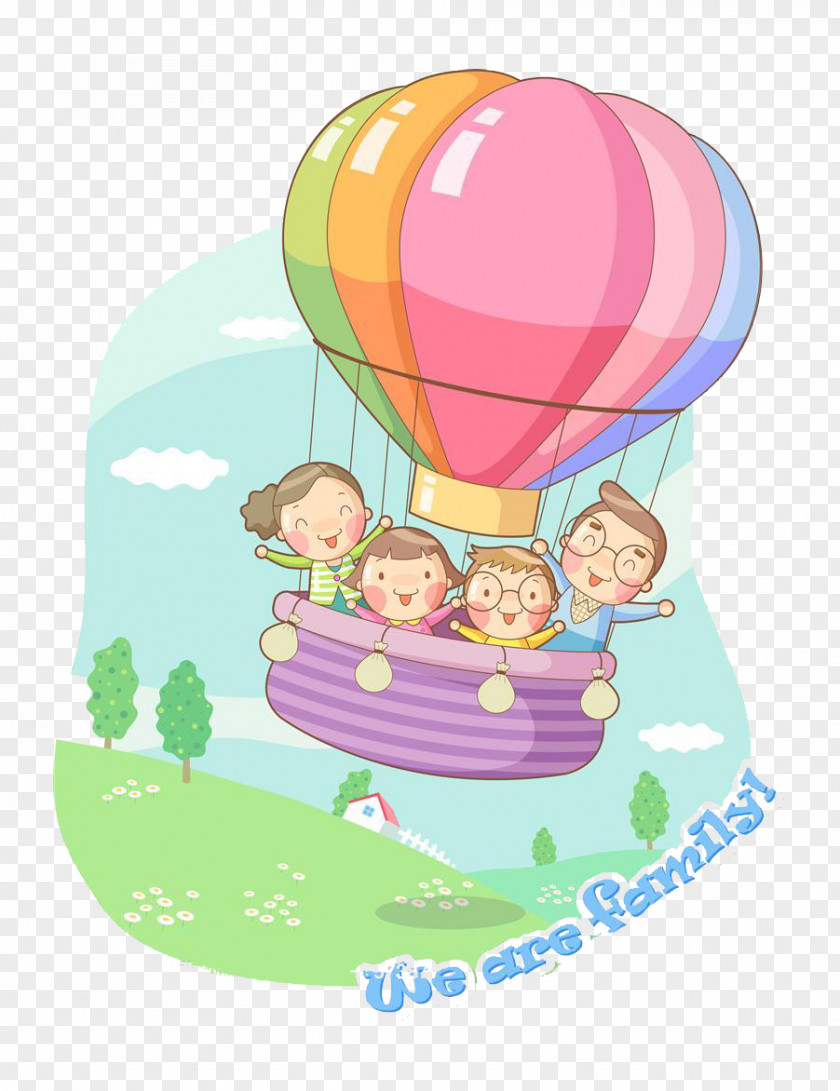 Cartoon Hot Air Balloon Ride Home Family Illustration PNG