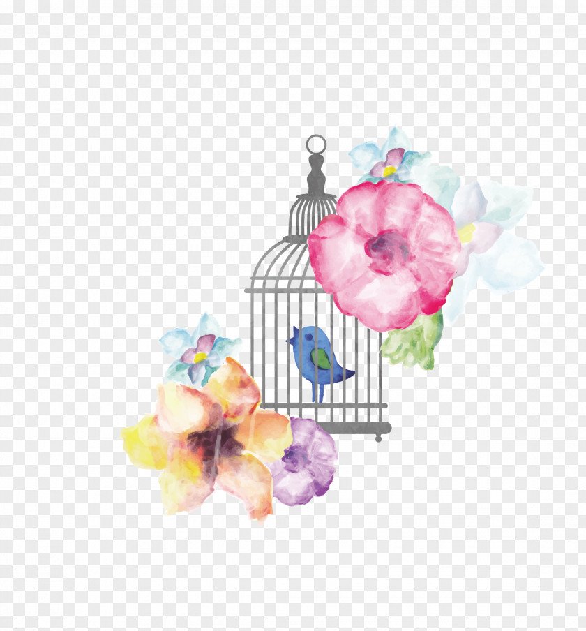 Birds And Flowers Birdcage Watercolor Painting PNG