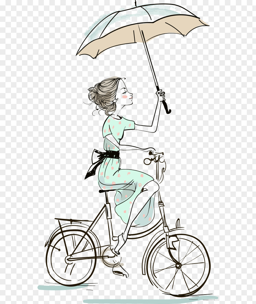 Cartoon Umbrella Illustration PNG Illustration, Umbrellas girl riding a bicycle, woman bicycle using umbrella artwor k clipart PNG