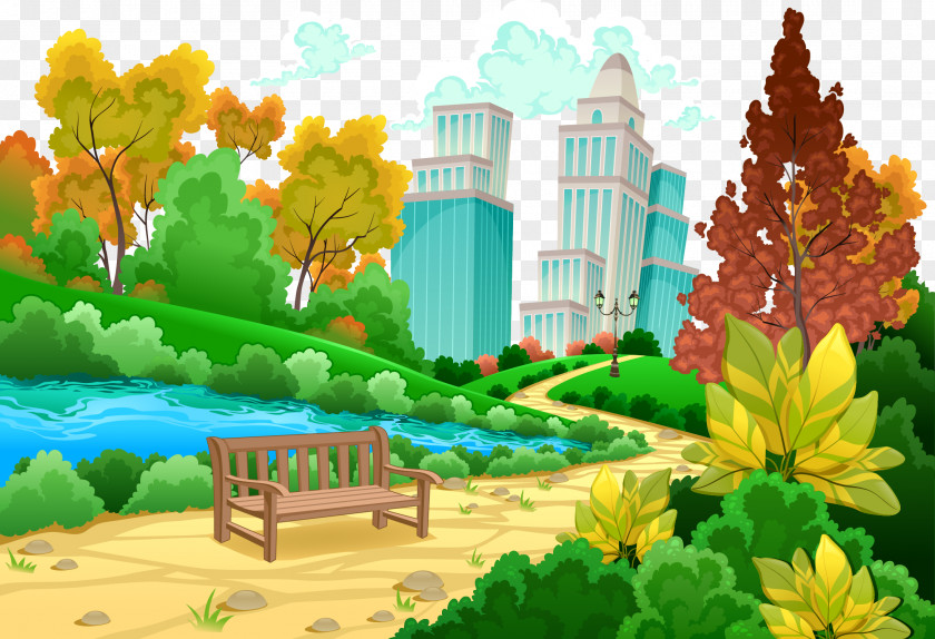 Vector Hand-painted Cartoon Park Urban PNG