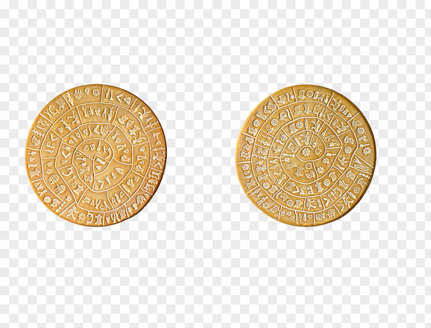 Wood Carving Disc Phaistos Coin Gold Sterling Silver PNG