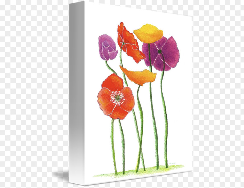 Poppy Field Floral Design Acrylic Paint Cut Flowers Watercolor Painting Vase PNG