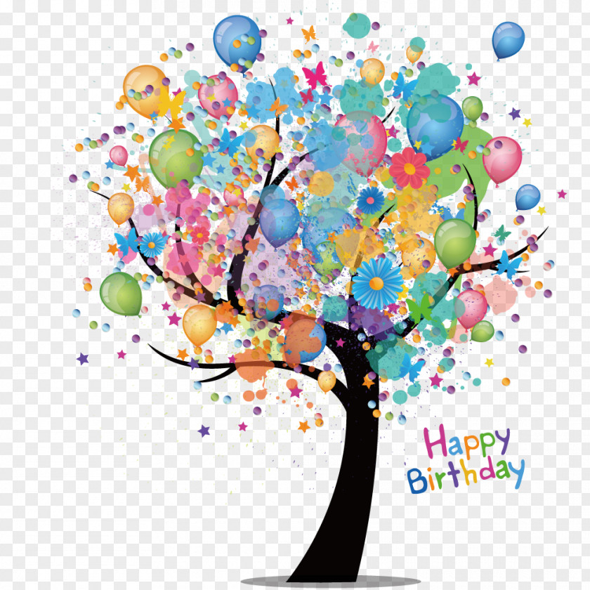 Cartoon Tree Watercolor Balloon Birthday Cake Greeting Card Wish PNG