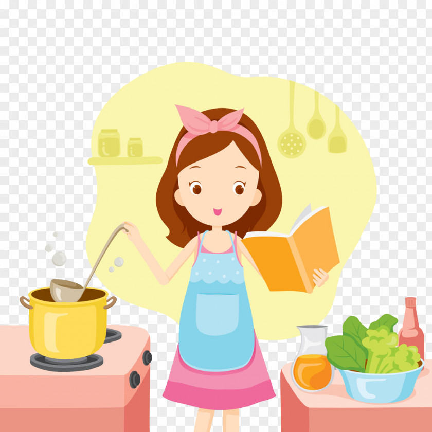 Cooking Girl Stock Woman PNG , cooking, woman holding book while cooking art illustration clipart PNG
