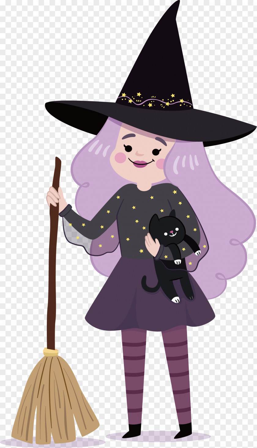 The Beautiful Witch Holding Cat Black Illustration PNG