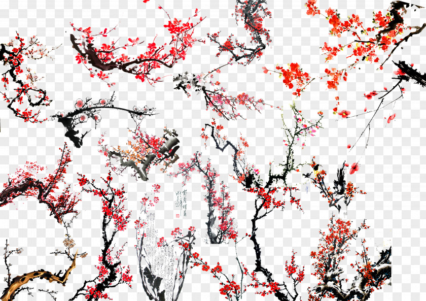 Ink Flower Bloom Chinese Painting Wash Plum Blossom Bird-and-flower PNG