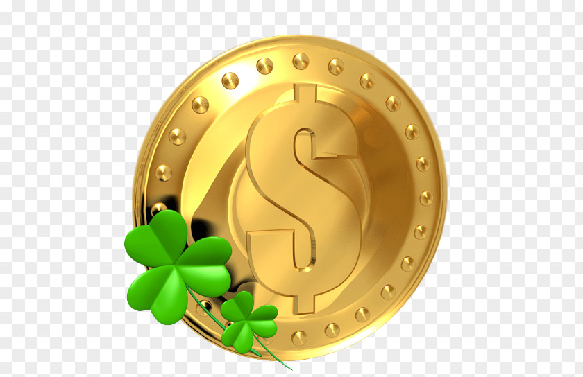 Cartoon Golden Dollar Coins Saint Patricks Day Luck Coin Four-leaf Clover Clip Art PNG