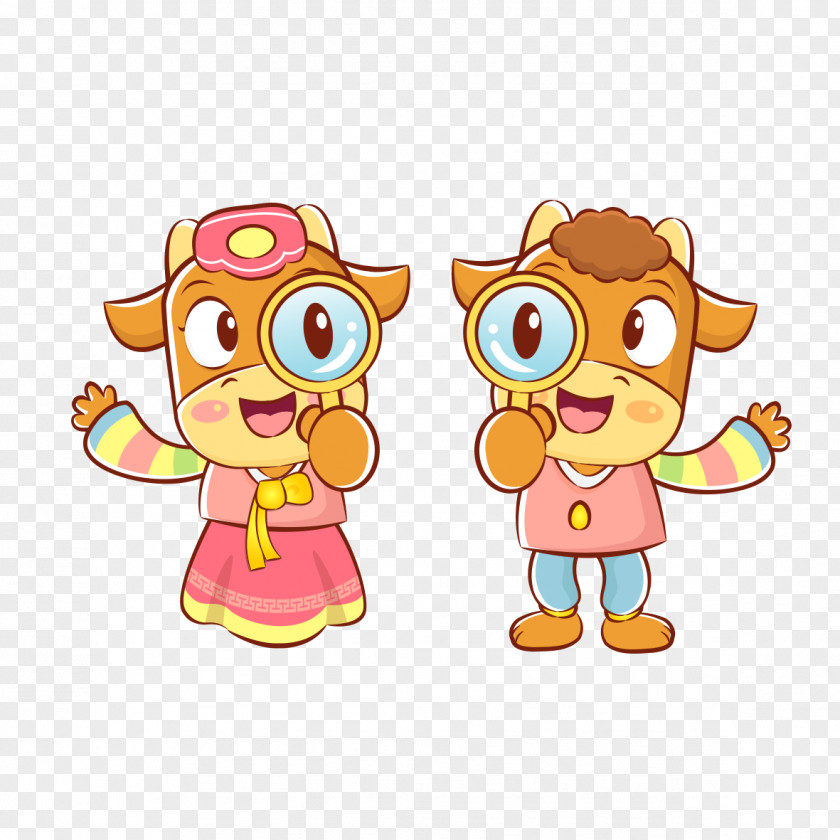 Take A Magnifying Glass Little Beef Cartoon Ox Illustration PNG