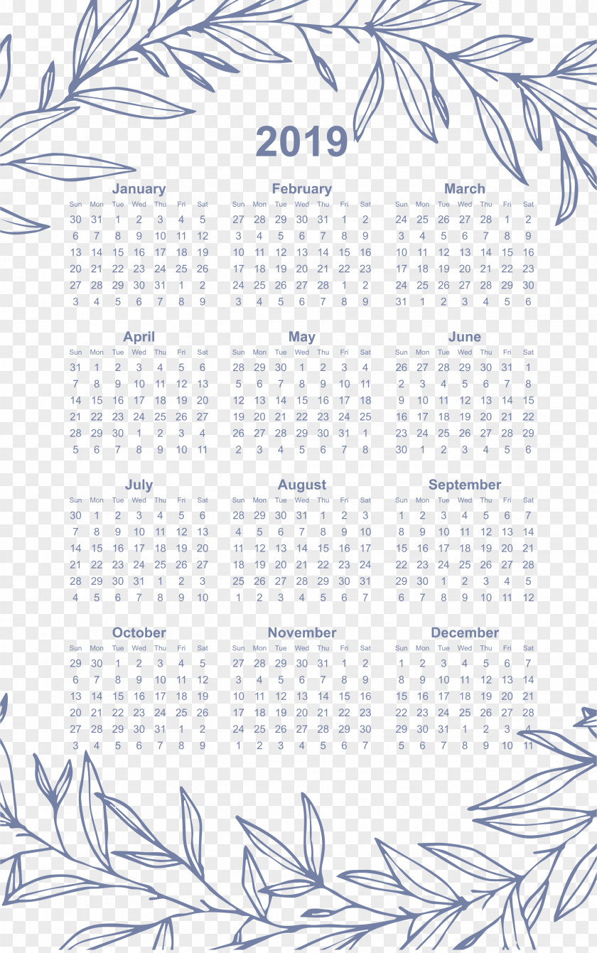 2019 Calendar Printable One Page. PNG