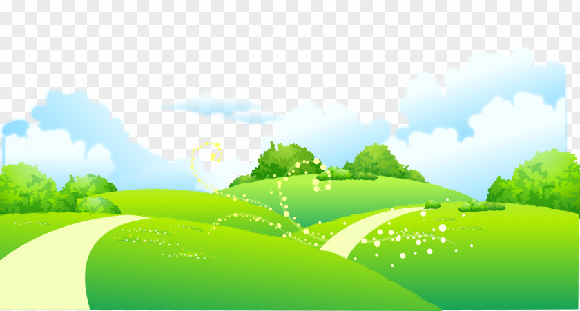 Cartoon Painted Green Meadow On The Outskirts Of Road Trees Landscape Drawing Euclidean Vector Illustration PNG