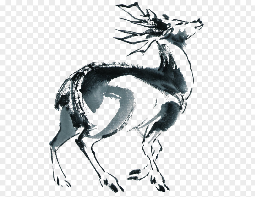Deer Ink Wash Painting Black And White Chinese PNG