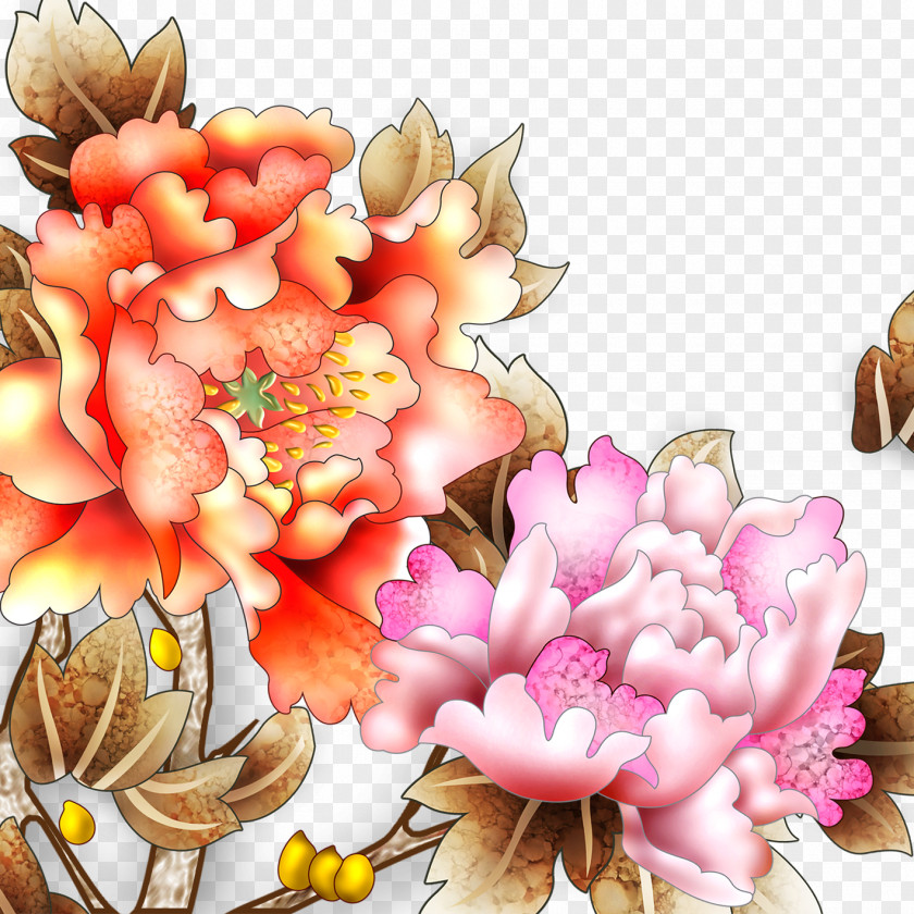 Peony Paper Painting Living Room Material PNG