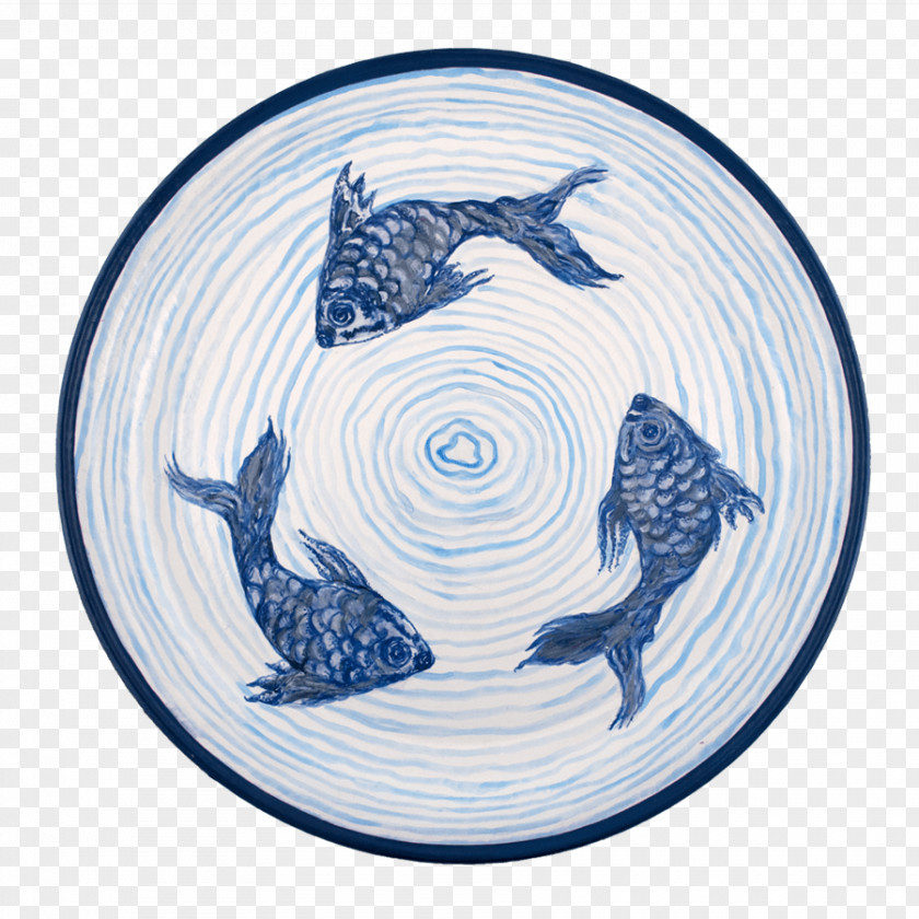 Koi Pond Plate Dolphin Cobalt Blue And White Pottery Porcelain PNG