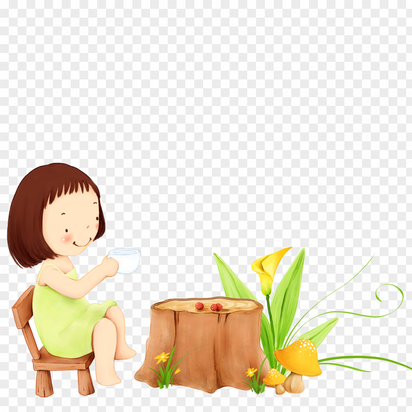 Cartoon Girl Illustration PNG Illustration, sitting next to the tree pier clipart PNG
