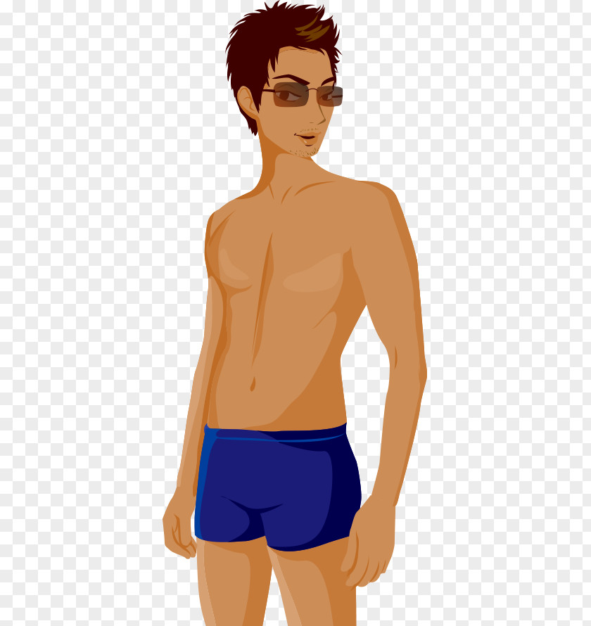 Hand-painted Cartoon Man Wearing Sunglasses Swimsuit Drawing PNG